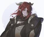  1boy :| arknights bangs black_scarf closed_mouth demon_boy demon_horns expressionless eyepatch hoederer_(arknights) horns jacket light_particles long_hair long_sleeves looking_away male_focus one_eye_covered pienahenggou pointy_ears red_hair scarf simple_background solo upper_body yellow_eyes 
