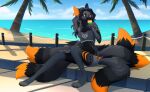  6_tails anthro beach black_body black_fur bottomwear candy canid canine clothing dessert digitigrade female food fox fox_spirit fur grey_body grey_fur lollipop mammal multi_tail orange_body orange_eyes orange_fur palm_tree plant seaside shirt shorts solo tank_top topwear tree 