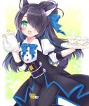  1girl :d animal_ear_fluff animal_ears bangs black_hair black_panties blue_bow blush bow commentary_request commission cup eyebrows_visible_through_hair green_eyes hair_bow hair_bun hair_over_one_eye highres holding holding_teapot holding_tray juliet_sleeves long_hair long_sleeves looking_at_viewer original panties ponytail puffy_sleeves shikito shirt skeb_commission smile solo sparkle tail teacup teapot tray underwear very_long_hair white_shirt 