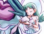  1girl aqua_dress aqua_hair bare_shoulders breasts choker closed_eyes collarbone dress hair_ornament halter_dress halterneck hsngamess kris_(pokemon) medium_hair official_alternate_costume pokemon pokemon_(game) pokemon_gsc pokemon_masters_ex small_breasts suicune wrist_cuffs 