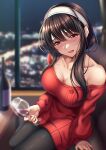  1girl alcohol bangs bare_shoulders black_hair black_legwear blurry blurry_background blush bottle breasts city_lights cleavage collarbone commentary_request couch cup dress drinking_glass drunk eyebrows_visible_through_hair hairband highres leaning_forward long_hair medium_breasts night nose_blush off-shoulder_sweater off_shoulder on_couch open_mouth pantyhose rairaisuruyo red_eyes red_sweater shiny shiny_hair short_hair_with_long_locks sidelocks sitting solo spy_x_family sweater sweater_dress white_hairband window wine wine_bottle wine_glass yor_briar 