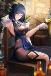  1girl absurdres armpits blue_hair blurry blush bottle breasts chair choker cleavage cup depth_of_field dice fingerless_gloves fishnets from_side fur-trimmed_jacket fur_trim genshin_impact gloves green_eyes grin highres holding holding_cup jacket large_breasts looking_at_viewer mole mole_on_breast on_shoulder pelvic_curtain restaurant rudae short_hair sitting smile solo stool table tassel white_choker white_gloves yelan_(genshin_impact) 