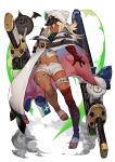  1girl absurdres animal_hat bandaged_arm bandaged_leg bandages barefoot blonde_hair cape cat_hat clover crop_top dark-skinned_female dark_skin dual_wielding expressionless floating floating_object floating_sword floating_weapon four-leaf_clover full_body guilty_gear guilty_gear_strive hat highres holding huge_weapon hungry_clicker lucifero medium_hair navel orange_eyes peaked_cap ramlethal_valentine ringed_eyes short_shorts shorts solo sword toenails toes weapon white_cape white_headwear white_shorts 