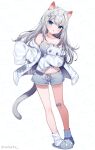  1girl :o animal_ears animal_slippers bandaid bandaid_on_knee bandaid_on_leg bangs bare_shoulders blue_eyes blush cat_ears cat_girl cat_tail collarbone commentary_request eyebrows_visible_through_hair full_body grey_camisole grey_footwear grey_hair grey_shorts hair_between_eyes hair_ornament hairclip jacket long_hair long_sleeves looking_at_viewer mafuyu_(chibi21) object_hug off_shoulder open_clothes open_jacket original parted_lips sample_watermark short_shorts shorts sleeves_past_fingers sleeves_past_wrists slippers socks solo standing striped striped_jacket striped_legwear stuffed_animal stuffed_cat stuffed_toy tail very_long_hair white_background 