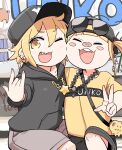  2girls ;3 ;d \m/ ^_^ ^o^ ai_ai_gasa backwards_hat bangs baseball_cap black_headwear black_hoodie black_shorts blonde_hair blunt_bangs blush_stickers buck_teeth character_request cheek-to-cheek cheek_press closed_eyes clothes_writing collarbone copyright_request ear_piercing eyebrows_visible_through_hair eyewear_on_head facing_viewer feet_out_of_frame foreshortening graffiti grey_shorts hair_between_eyes hand_on_another&#039;s_shoulder hand_up happy hare_(tetterutei) hat heads_together highres hood hood_down hoodie jaggy_lines jewelry knee_up light_blush long_sleeves looking_at_viewer looking_to_the_side multiple_girls multiple_piercings necklace one_eye_closed open_mouth outdoors outstretched_arm pendant piercing pig_nose pocket romaji_text sharp_teeth shirt short_eyebrows short_hair short_sleeves shorts side-by-side sitting smile star_(symbol) star_necklace strap sunglasses t-shirt teeth upper_teeth v-shaped_eyebrows w yellow_eyes yellow_shirt 