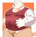  2022 anthro belly big_belly canid canine canis clothing domestic_dog eyes_closed hi_res humanoid_hands kemono male mammal nordic_sled_dog omo_kemo overweight overweight_male samoyed shirt simple_background solo spitz sweater sweater_vest topwear vest white_body 