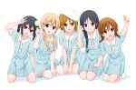  5girls :d akiyama_mio bangs black_eyes black_hair blonde_hair blue_dress blue_eyes braid brown_eyes brown_hair closed_mouth collar collarbone commentary_request dress dresstrip eyebrows_visible_through_hair flower hair_between_eyes hair_ribbon hirasawa_yui holding holding_flower k-on! kotobuki_tsumugi long_hair looking_at_viewer multiple_girls nakano_azusa open_mouth red_eyes ribbon seiza short_hair simple_background single_braid sitting smile tainaka_ritsu twin_braids v white_background white_collar white_legwear white_ribbon 