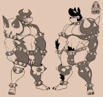  anthro armor black_hair brother brothers bulge canid canine canis claws crotch_tuft demon domestic_dog duo fangs grin hair hi_res jinti_(artist) kings_of_hell male mammal mostly_nude muscular muscular_anthro muscular_male navel nipples sharp_teeth sibling smile spiked_armor spikes standing teeth tuft twins unconvincing_armor 