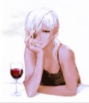  1girl alcohol bangs black_tank_top chainsaw_man cigarette cup drinking_glass eyepatch hair_over_one_eye head_on_hand highres keibleh leaning_forward long_bangs looking_at_viewer ponytail quanxi_(chainsaw_man) simple_background smoke smoking solo tank_top white_background white_hair wine wine_glass 