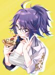  1girl black_hair black_jacket blue_hair blush breasts cleavage collarbone eating food from_above glasses heart holding holding_food indie_virtual_youtuber jacket kson large_breasts looking_down mole mole_under_eye multicolored_clothes multicolored_hair multicolored_jacket n_gyou pizza ponytail portrait sarashi solo souchou streaked_hair twitter_username two-tone_jacket virtual_youtuber white_jacket yellow_background 
