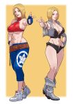  2girls absurdres baggy_pants blonde_hair blue_mary blue_mary_(cosplay) boots bra cirenk cosplay cowboy_boots crop_top dead_or_alive fatal_fury finger_gun highres leather looking_at_viewer multiple_girls pants snk straight_hair strapless strapless_bra the_king_of_fighters tina_armstrong tina_armstrong_(cosplay) underwear wrestling 