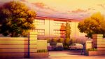  building bush car cloud commentary_request gate ground_vehicle highres mituura motor_vehicle no_humans original outdoors scenery school shadow sky sunset tree window 