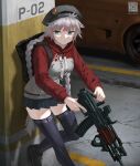  1girl alternate_costume assault_rifle bangs beret black_footwear black_headwear black_legwear black_skirt blue_eyes braid car commentary_request girls&#039;_frontline grey_hair ground_vehicle gun hair_ornament hairclip hat highres holding holding_gun holding_weapon jacket long_hair long_sleeves looking_at_viewer miniskirt motor_vehicle multicolored_clothes multicolored_jacket ots-12 ots-12_(girls&#039;_frontline) pleated_skirt red_jacket rifle shoes skirt sneakers solo standing star-shaped_pupils star_(symbol) symbol-shaped_pupils thighhighs tom-neko_(zamudo_akiyuki) trigger_discipline two-tone_jacket weapon wheel white_jacket 