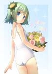  1girl ass bangs bare_arms bare_shoulders blue_background blue_eyes bouquet closed_mouth commentary_request eyebrows_visible_through_hair flower from_behind gradient gradient_background green_hair happy_birthday highres holding holding_bouquet looking_at_viewer looking_back old_school_swimsuit one-piece_swimsuit original pink_flower pink_rose rose school_swimsuit shibacha smile solo sparkle swimsuit white_background white_swimsuit 