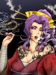  1girl bangs hair_ribbon highres holding holding_smoking_pipe japanese_clothes kimono komakusa_sannyo long_hair ponytail purple_eyes purple_hair red_kimono ribbon ryuuichi_(f_dragon) sarashi smoke smoking_pipe solo tattoo touhou wide_sleeves yellow_ribbon 