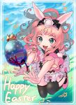  1girl :d animal_ears bangs bird blush bow chicken crown dress easter easter_egg egg english_text flats frills garter_straps grass green_eyes hair_bow happy_easter highres jumping layered_sleeves long_hair naimaze_atakamo open_mouth original pink_hair pom_pom_(clothes) ponytail rabbit_ears reaching short_sleeves sky smile solo thighhighs 