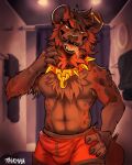  abs anthro athletic athletic_anthro athletic_male bedroom_eyes bodily_fluids brown_body brown_fur bulge clawed_fingers clothed clothing collar ear_piercing eyebrows fur genital_fluids hand_on_collar hand_on_hip hi_res hyaenid inside looking_at_viewer male mammal narrowed_eyes open_mouth open_smile orange_body orange_collar orange_fur pagrynga pecs piercing precum precum_through_clothing precum_through_underwear seductive smile smug solo spiked_collar spikes spotted_hyena tongue tongue_out underwear underwear_only wet wet_clothing whisker_spots whiskers yellow_eyes 