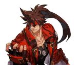  1boy black_gloves brown_eyes brown_hair collarbone cropped_jacket fingerless_gloves fingernails forehead_protector gloves guilty_gear guilty_gear_strive headband highres hungry_clicker jacket long_hair male_focus muscular muscular_male open_clothes open_jacket pectorals ponytail portrait red_headband red_jacket sleeves_pushed_up sol_badguy solo 