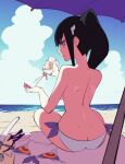  1girl aetherion angry ass back bangs beach bikini black_hair blue_eyes breasts highres kill_la_kill kiryuuin_satsuki large_breasts long_hair looking_at_viewer medium_breasts ocean ponytail senketsu solo swimsuit sword thick_eyebrows topless very_long_hair weapon 