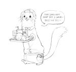  anthro apron beverage bow_tie burger clothing domestic_ferret english_text food fries hi_res ichigodawashi mammal mustela mustelid musteline serving_tray simple_background soda solo text true_musteline waiter white_background 