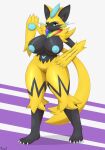  anthro blue_eyes breasts claws felid female fur genitals hi_res kinix legendary_pok&eacute;mon looking_at_viewer mammal nintendo nipples nude pok&eacute;mon pok&eacute;mon_(species) pussy smile solo video_games yellow_body yellow_fur zeraora 