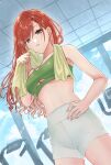  1girl arisugawa_natsuha black_eyes bra breasts cleavage clothing_cutout collarbone dutch_angle eyebrows_visible_through_hair from_below green_bra green_shorts gym hand_on_hip highres idolmaster idolmaster_shiny_colors indoors long_hair medium_breasts muratou orange_hair parted_lips shorts sleeveless sports_bra sweat sweatdrop towel towel_around_neck treadmill underboob underboob_cutout underwear window yoga_shorts 