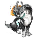  2014 armor blue_eyes canid canine canis duo female feral fur headgear helmet humanoid humanoid_pointy_ears imp karin_kinako link_(wolf_form) male mammal markings midna nintendo red_eyes simple_background the_legend_of_zelda twili twilight_princess video_games white_background wolf 