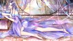  1girl bamboo bare_legs bare_shoulders barefoot bug butterfly dress from_side full_body leaning_on_table long_hair purple_dress purple_hair qin_shi_ming_yue streamers window zi_nu_(qin_shi_ming_yue) zi_nu_zhuye_jun 