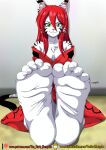  5_toes anthro barefoot breasts fan_character feet felid feline female foot_focus green_eyes grin hair humanoid_feet long_hair looking_at_viewer mammal red_hair signature smile soles solo the_dark_mangaka toes 