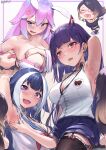  4girls ahoge akuma_nihmune animal_ears arm_up armpits black_hair blue_collar blue_eyes blue_hair choker collar cottontail_(vtuber) demon_girl ear_piercing eyebrows_visible_through_hair facial_mark fangs glasses gradient_hair heart heart-shaped_pupils heart_ahoge heart_facial_mark heterochromia highres indie_virtual_youtuber leash licking licking_armpit long_hair loose_necktie marina_(vtuber) multicolored_hair multiple_girls necktie orca_girl padoruu piercing pink_eyes pink_hair purple_eyes purple_hair rabbit_ears shylily streaked_hair sweat symbol-shaped_pupils virtual_youtuber white_hair 