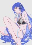  1girl ass bangs blush bra breasts eyelashes genderswap genderswap_(mtf) highres long_hair navel protagonist_(smtv) purple_hair shin_megami_tensei shin_megami_tensei_v simple_background solo tomasoup9639 underwear very_long_hair yellow_eyes 