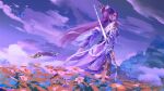  1girl absurdres back beads bug butterfly cloud field flower flower_field from_below hair_bun hair_ornament highres jewelry purple_hair qin_shi_ming_yue reverse_grip sky solo sword upper_body weapon yu_zi_cheng_shi zi_nu_(qin_shi_ming_yue) 