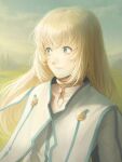  1girl blonde_hair blue_eyes cloud cloudy_sky colette_brunel grass highres jewelry kazuko_(towa) long_hair looking_to_the_side necklace sky smile tales_of_(series) tales_of_symphonia tree white_robe 