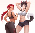  2girls abs animal_ears aria_(crystalplanet00) arm_up armpits arms_behind_head ass bangs bare_arms bare_shoulders bike_shorts blue_eyes breasts brown_hair cheshirrr cleavage commentary commission crystalplanet dog_ears dog_tail earrings fingernails forte_(crystalplanet00) from_behind hand_on_hip highres jewelry large_breasts lips long_hair looking_at_viewer looking_back low_ponytail medium_breasts midriff multiple_girls original parted_lips ponytail red_eyes red_hair scar scar_on_cheek scar_on_face shiny shiny_hair shiny_skin short_hair shorts simple_background skin_tight sleeveless smile tail tan tank_top white_hair 