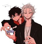  2boys aohitsugi_samatoki ashtray bangs black_hair cigarette earrings hair_slicked_back heterochromia hypnosis_mic jacket jewelry leather leather_jacket multiple_boys necklace official_alternate_costume red_eyes shirt short_hair u_(umweeei) white_background white_hair white_shirt yamada_ichirou_(hypnosis_mic) 