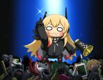  1girl :3 aegis_(kcco)_(girls&#039;_frontline) arm_up black_jacket blonde_hair blush_stickers chibi commentary_request dactyl_(girls&#039;_frontline) day girls&#039;_frontline gloves goliath_(girls&#039;_frontline) hair_between_eyes headgear holding holding_megaphone jacket long_hair long_sleeves m4_sopmod_ii_jr megaphone multicolored_hair nemeum_(girls&#039;_frontline) ouga_(user_ctzw2237) outdoors pointing pointing_up prowler_(girls&#039;_frontline) red_hair smile star_(sky) streaked_hair tarantula_(girls&#039;_frontline) 