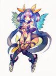  1girl absurdres bare_shoulders black_legwear blue_hair blush bow closed_mouth dizzy_(guilty_gear) grey_background guilty_gear hair_bow highres long_hair mini_wings purple_eyes simple_background sketch skindentation solo thighhighs twintails very_long_hair wings yellow_bow yohane_shimizu 