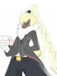  absurd_res anthro bandai_namco butler clothing container cup digimon digimon_ghost_game eyes_closed fur hi_res lagomorph leporid li_(pixiv) long_ears male mammal ponytail_ears rabbit serving_tray solo suit symbareangoramon tea_cup yellow_body yellow_fur 