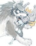  2016 armor blue_eyes canid canine canis claws duo ear_piercing ear_ring female feral fur headgear helmet humanoid humanoid_pointy_ears imp karin_kinako link_(wolf_form) male mammal markings midna nintendo paws piercing red_eyes simple_background the_legend_of_zelda twili twilight_princess video_games white_background wolf 