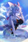  1girl animal_ears artist_name bikini blue_sky breasts closed_mouth cloud dated day furry furry_female highres horns large_breasts long_hair looking_at_viewer one-piece_swimsuit original purple_eyes sky smile solo swimsuit tail thighs water wet wet_clothes wet_swimsuit white_hair yuio58ok 