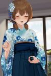  1boy brown_hair closed_eyes crossdressing flower hair_between_eyes hair_flower hair_ornament highres japanese_clothes kimono male_focus masturbation masturbation_through_clothes original otoko_no_ko short_twintails smile solo sunaba_(nczd5875) twintails wide_sleeves 