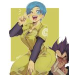  1boy 1girl addy_(@vegeebs) ass bangs black_hair blue_eyes blue_hair blush breasts bulma capsule_corp cleavage dragon_ball dragon_ball_super dragon_ball_super_super_hero flustered heavy hetero husband_and_wife long_hair on_person one_eye_closed open_mouth peace_symbol short_hair sitting sitting_on_person smile spiked_hair v vegeta 