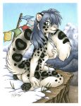  2022 anthro banner black_body black_fur breasts butt felid female fur green_eyes grey_body grey_fur grey_hair hair holding_breast looking_at_viewer mammal michele_light mountain nude pantherine pawpads pole rope side_boob sky snow snow_leopard solo winter 