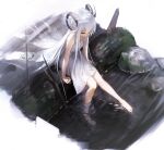  1girl bare_shoulders barefoot closed_mouth curled_horns dress eyelashes half-closed_eyes hara_shoutarou highres horns log long_eyelashes long_hair moss original outdoors pointy_ears ripples river rock sitting sitting_on_log solo twig very_long_hair water white_dress white_hair 