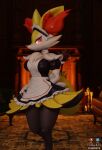  3d_(artwork) anthro apron black_body black_clothing black_dress braixen canid canine claws clothed clothing digital_media_(artwork) dress fangs female flapcats frilly hi_res inner_ear_fluff looking_at_viewer maid_headdress maid_uniform mammal nintendo pok&eacute;mon pok&eacute;mon_(species) red_eyes short_sleeves smile solo standing tuft uniform video_games white_body 