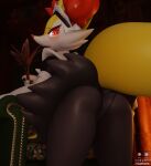  3d_(artwork) anthro apron black_body black_clothing black_dress blush bottomwear braixen canid canine claws cleaning_tool clothed clothing clothing_lift digital_media_(artwork) dress exposed_butt fangs female flapcats frilly hi_res inner_ear_fluff looking_at_viewer maid_headdress maid_uniform mammal nintendo panties pok&eacute;mon pok&eacute;mon_(species) red_eyes short_sleeves skirt skirt_lift smile solo standing tuft underwear uniform video_games white_body 