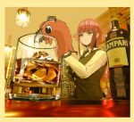  1girl 974839269 alcohol alternate_costume bartender beer black_necktie black_vest bottle breasts campari chainsaw chainsaw_man champagne champagne_bottle collared_shirt counter cup drinking_glass expressionless highres holding_shaker ice jack_daniel&#039;s long_sleeves looking_afar looking_down makima_(chainsaw_man) medium_breasts medium_hair necktie pochita_(chainsaw_man) red_hair ringed_eyes shirt shot_glass sidelocks sparkling_eyes standing vest whiskey white_shirt wine_bottle 