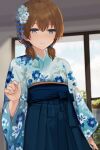  1boy blue_eyes brown_hair bulge crossdressing erection erection_under_clothes flower hair_between_eyes hair_flower hair_ornament highres japanese_clothes kimono male_focus original otoko_no_ko short_twintails smile solo sunaba_(nczd5875) twintails wide_sleeves 