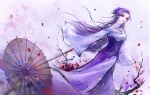  1girl absurdres branch corset dress hair_bun hair_tie highres long_hair long_sleeves looking_at_viewer purple_dress purple_eyes purple_hair qin_shi_ming_yue solo umbrella upper_body zi_nu_(qin_shi_ming_yue) zi_nu_zhuye_jun 