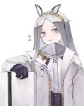  1girl :o animal_ears arknights belt black_gloves blush chiake_draw coat commentary forehead gloves grey_hair hairband hand_on_shield heavyrain_(arknights) horse_ears looking_at_viewer open_mouth purple_eyes shield shirt simple_background solo teeth upper_body upper_teeth utility_belt white_background white_coat white_shirt yellow_hairband 